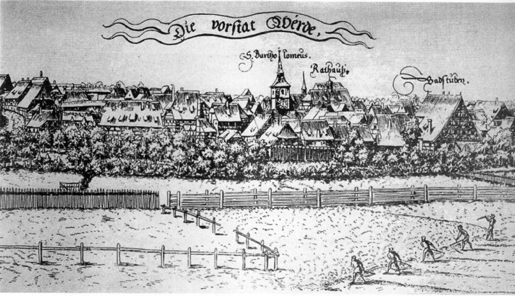Die Vorstadt Wöhrd kurz vor Zerstörung im Jahre 1552 Alt Ansicht der Vorstadt, Ausschnitt aus dem Prospekt von H.S. Lautensack.